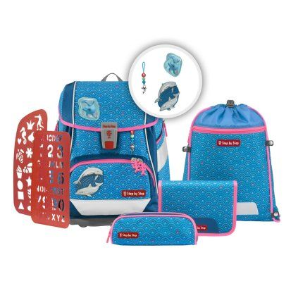 Step by Step  Školní aktovka/batoh 2IN1 PLUS pro prvňáčky – 6dílný set - Dolphin Pippa  + Blikačka Step by Step jako dárek