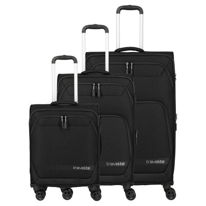 Sada cestovních kufrů Travelite Kick Off 4w S, M exp, L exp Black – celkový pohled